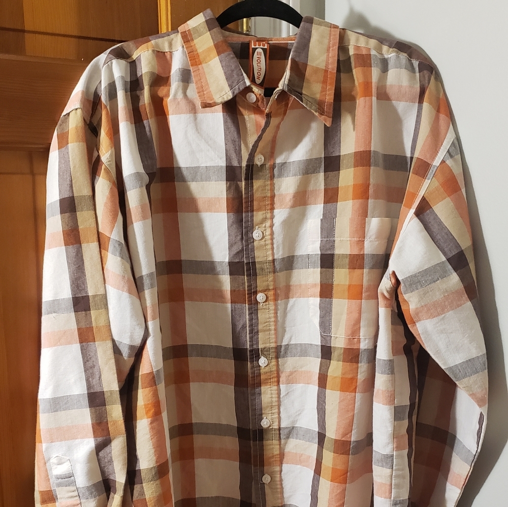 Evolution Men's Orange & Brown Plaid Long Sleeved Button Up Shirt